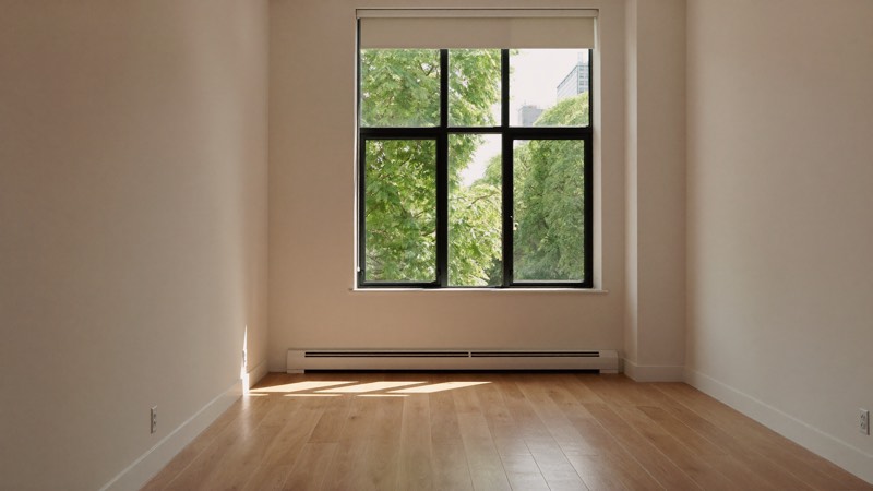 Empty, bright living room in a Montréal apartment waiting to be rented