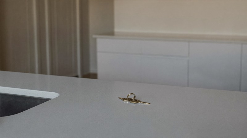 A single set of keys alone on the counter of a vacant apartment