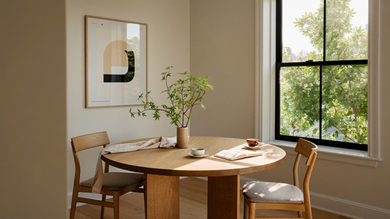 Warm dining nook in a Montréal apartment, oak table in morning light